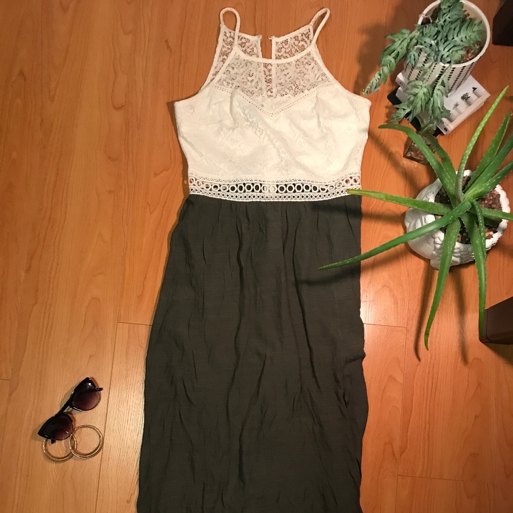 White Lace Top Green Maxi Dress